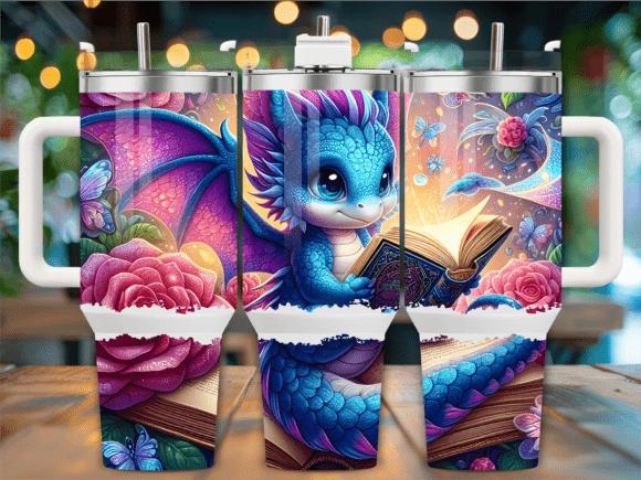 Blue Baby Dragon Reading Tumbler Wraps & Graphics
