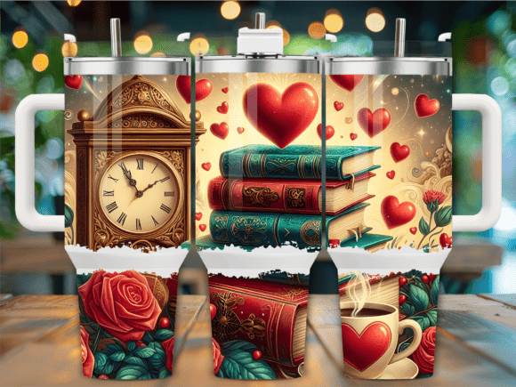 Clock Books Red Hearts Graphics for Tumbler Wraps