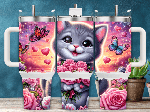 Cute Gray Cat Butterflies Tumbler Wraps Graphics
