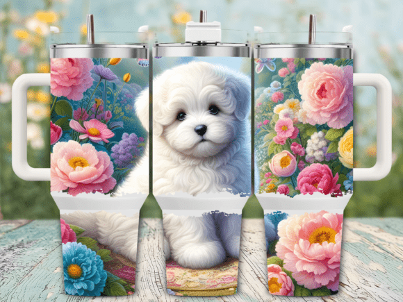 Cute White Puppy Floral 40oz Tumbler Graphics