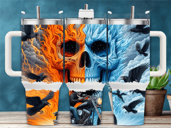 Dual Flame Skull Raven Tumbler Wraps Graphics