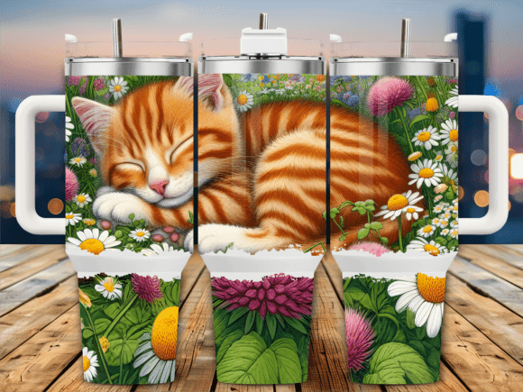 Ginger Cat Sleeping Flowers Graphics & Tumbler Wraps