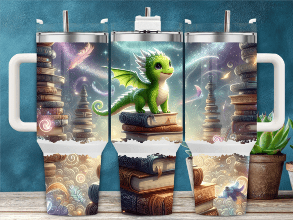 Green Dragon on Books Tumbler Wrap Graphics