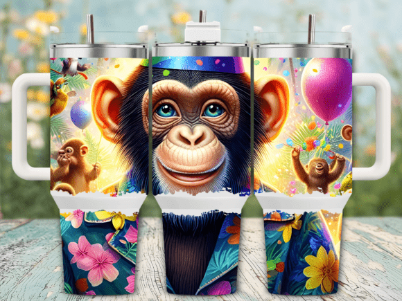 Happy Party Monkey Balloons Graphics for Tumbler Wraps