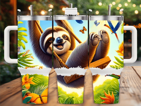 Happy Sloth with Butterflies Tumbler PNG