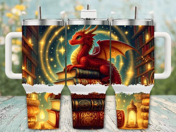Red Dragon on Books Tumbler Wraps Graphics